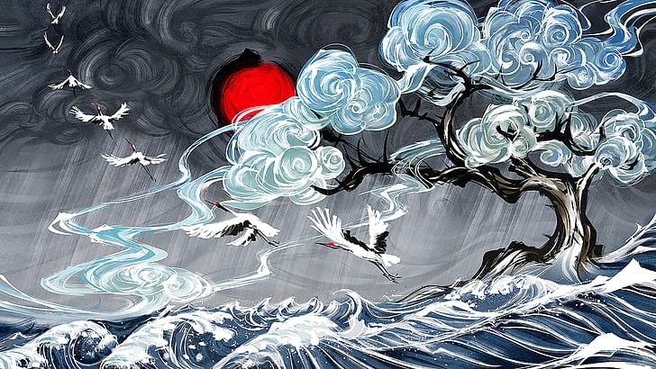 Yuumei, arte digital, água, nuvens, ondas, arte japonesa, pássaros, voando, mar, árvores, pincel, pintura, HD papel de parede