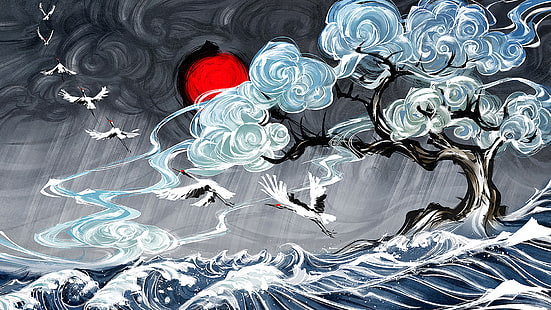 Yuumei, arte digitale, acqua, nuvole, onde, arte giapponese, uccelli, volare, mare, alberi, pennello, pittura, Sfondo HD HD wallpaper