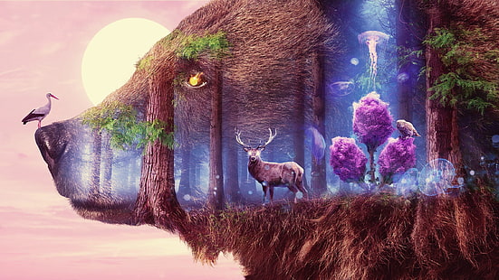 surrealismo, cervo, orso, arte, Sfondo HD HD wallpaper