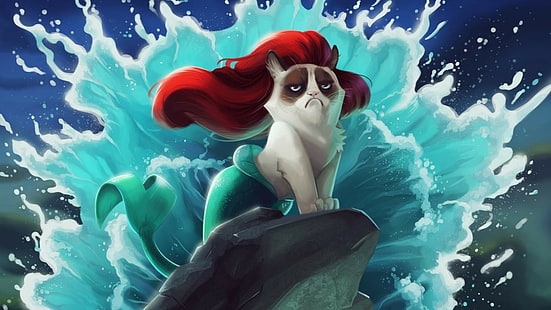 Kot, Grumpy Cat, The Little Mermaid, Disney, Humor, Rysunek, kot, zrzędliwy kot, mała syrenka, disney, humor, rysunek, 1366x768, Tapety HD HD wallpaper