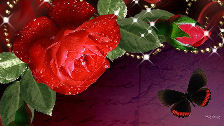 Härlig röd ros, stjärnor, fleur, papillon, blomma, pärlor, ljus, fjäril, röd ros, glans, lila, sommar, natur, HD tapet