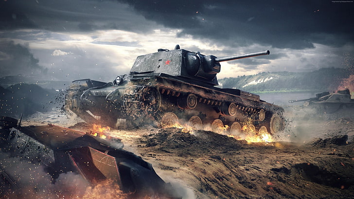 battlefield, game, PC, 4k, tank, tactic, sparks, 2015, screenshot, 5k, clouds, fire, KV-1, mmo, battle, World of Tanks Blitz, sky, HD wallpaper