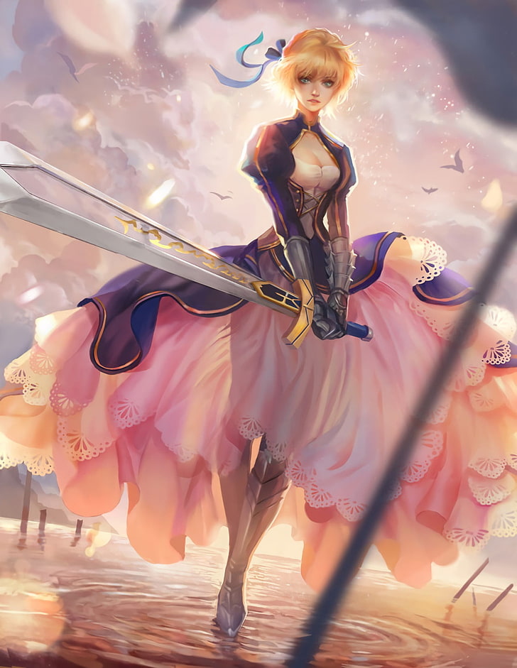 character woman holding sword wallpaper, anime, anime girls, Fate/Stay Night, Saber, sword, weapon, armor, open shirt, short hair, blonde, green eyes, HD wallpaper