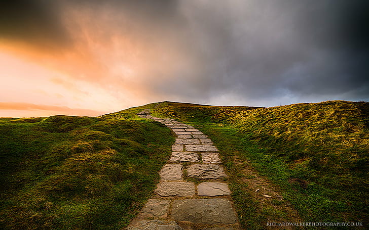 desired road between grasses during golden hour, Stairway To Heaven, road, grasses, golden hour, clouds, hdr, mam tor, path, peak district, stone, sunrise, uk, nature, grass, outdoors, cloud - Sky, sky, mountain, landscape, sunset, HD wallpaper