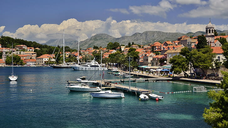 Croatia, Cavtat, Croatia, boat, pier, dock, town photos, Cavtat, HD wallpaper