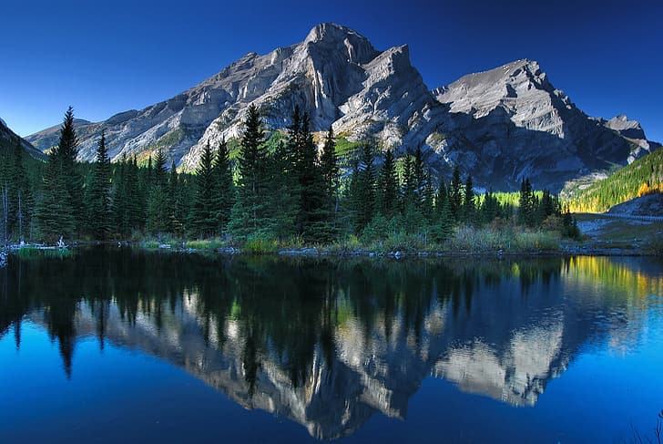 trees, mountains, lake, reflection, Canada, Albert, Alberta, Canadian Rockies, Kananaskis, Kananaskis Country, Mount Kidd, HD wallpaper