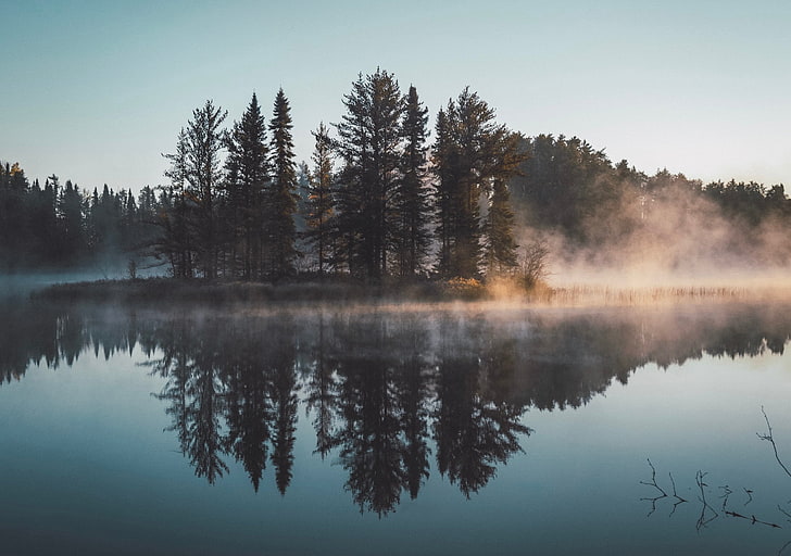 водно тяло, гора, езеро, отражение, природа, дървета, вода, мъгла, HD тапет