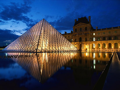 cidade, europa, frança, vidro, museu, noite, paris, pirâmide, HD papel de parede HD wallpaper