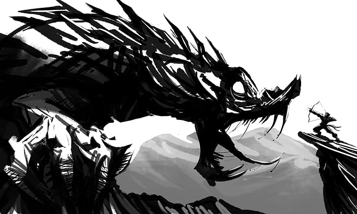 Ilustración del personaje del juego del dragón, monocromo, dragón, arco y flecha, guerrero, arte de fantasía, Fondo de pantalla HD