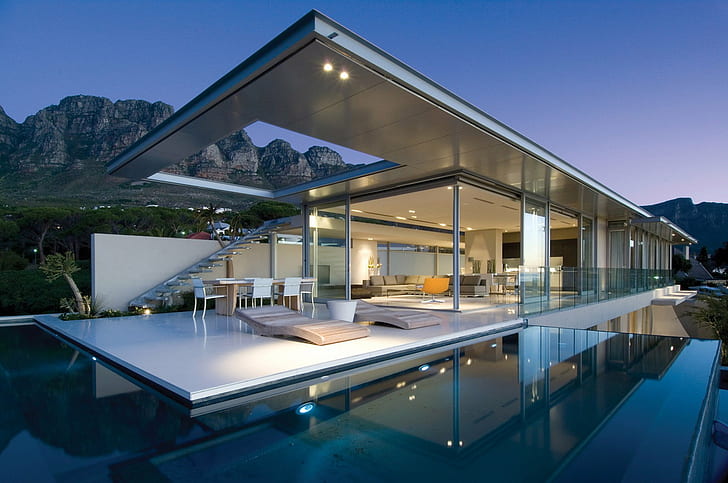 Cape Town, house, Lounge, Modern, mountains, reflection, swimming Pool, HD wallpaper