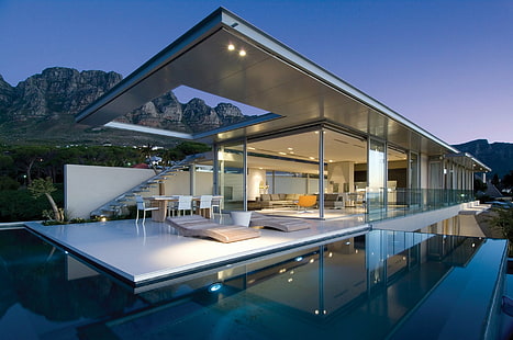 Cape Town, house, Lounge, Modern, mountains, reflection, swimming Pool, HD wallpaper HD wallpaper