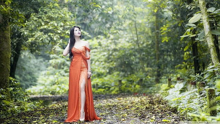 дамска оранжева рокля с рамо, азиатска, HD тапет