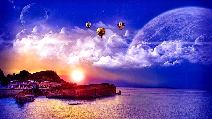 good night, evening, space, horizon, dreamland, sea, sky, water, nature, night, hot air balloon, dreams, fantasy world, fantasy art, coast, dusk, sun, planet, air balloon, HD wallpaper
