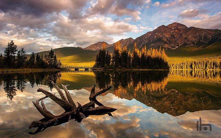 paesaggio, natura, lago, montagne, riflesso, nuvole, Jasper National Park, Canada, Sfondo HD