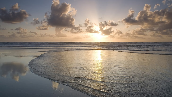praia, mar, ondas, luz solar, reflexão, horizonte, HD papel de parede