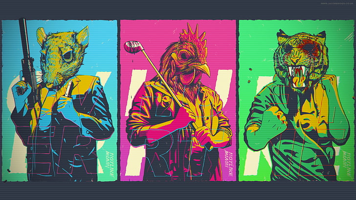 Tiger, Chicken, and Rat illustration collage, hotline miami, wrong number, hotline miami 2, HD wallpaper