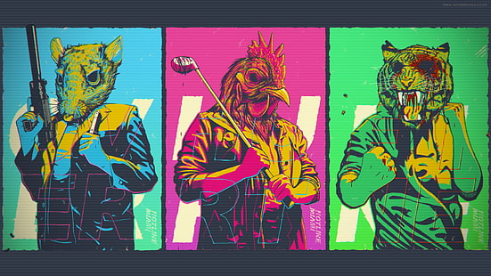 Tiger, Chicken, and Rat illustration collage, hotline miami, wrong number, hotline miami 2, HD wallpaper HD wallpaper