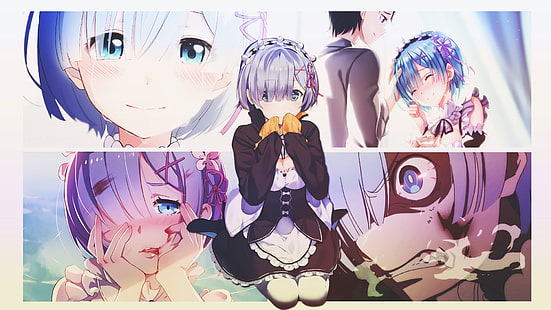 Rem (Re: Zero), anime, gadis anime, kulit putih, pelayan, pakaian pelayan, rambut biru, mata biru, seni kipas, karya seni, Re: Zero Kara Hajimeru Isekai Seikatsu, Wallpaper HD HD wallpaper