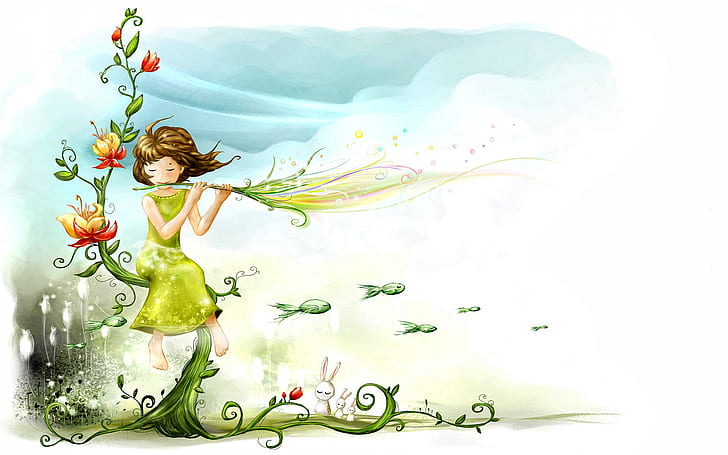 the sky, water, flowers, background, fantasy, mood, ease, spring, art, the air, girl, picture, weightlessness, fairy world, on the shores of lake, the watercolor drawing, melody of spring, spring breeze, HD wallpaper