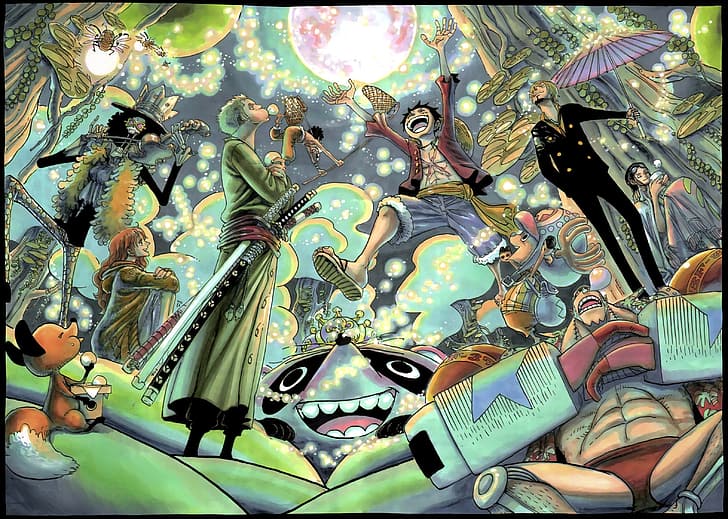 One Piece, Monkey D. Luffy, Zorro, Sanji, Nami, Brook, illustration, Eiichiro Oda, Franky, Usopp, Tony Tony Chopper, Nico Robin, HD wallpaper