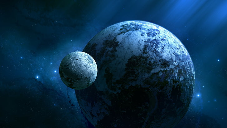 Erde und Mond digitale Tapete, Kepler-452b, Exoplanet, Planet, Weltraum, Sterne, HD-Hintergrundbild