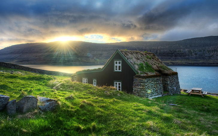 Natur, Landschaft, Sonnenuntergang, Fluss, HDR, Sonnenlicht, Haus, Island, HD-Hintergrundbild