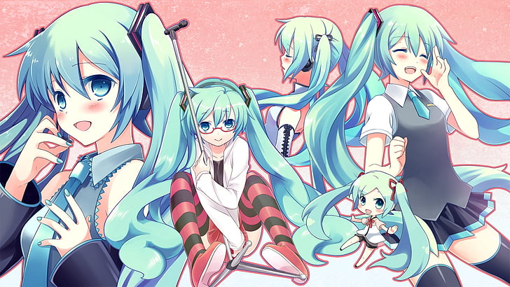 Ilustración de personajes de anime femenino de pelo azul, proyecto diva, kocchi, muite baby, sekiranun graffiti, vocaloid de voz, hatsune miku, rubor, dos colas, una sonrisa, una falda, Fondo de pantalla HD