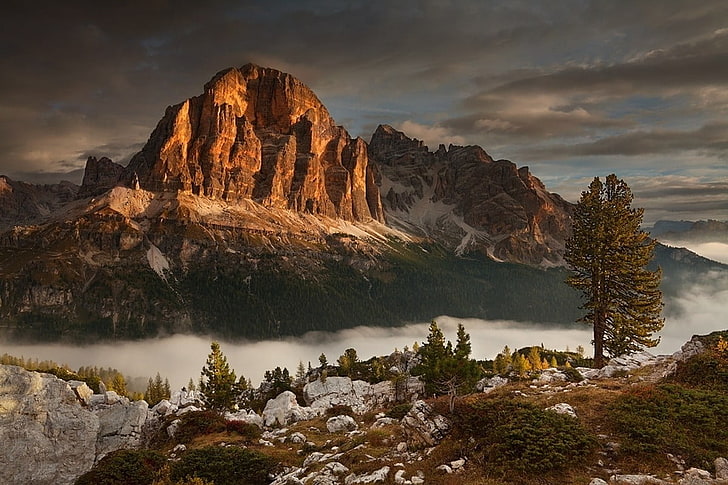 горы и деревья, фотография коричневой горы в дневное время, природа, пейзаж, Доломиты (горы), горы, осень, лес, туман, деревья, скалы, HD обои