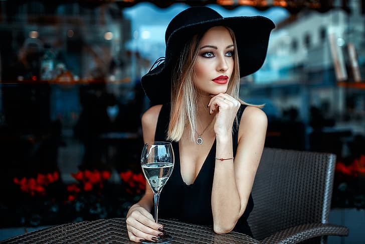 decoration, glass, portrait, hat, makeup, dress, hairstyle, blonde, beauty, sitting, in black, bokeh, sexy, manicure, Elegance, Alessandro Di Cicco, at the table, HD wallpaper