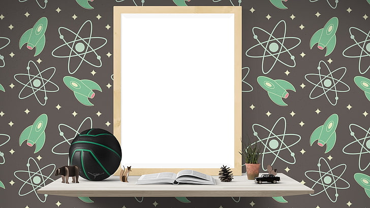 white and green wooden cabinet, digital art, science, rocket, spaceship, stars, basketball, toys, books, miniatures, desk, HD wallpaper