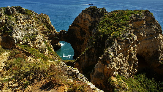 kamuflaż zielono-brązowy drzewo, morze, krajobraz, ponta da piedade, Portugalia, natura, wybrzeże, skała, Tapety HD HD wallpaper
