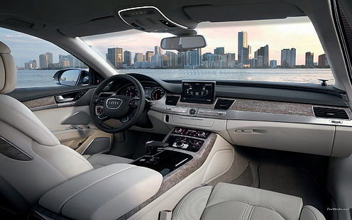 бял Audi интериор, кола, Audi A8, интериор на автомобил, HD тапет HD wallpaper