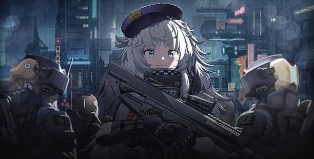 Nikke: The Goddess of Victory, Anime Girls, Anime, Cyberpunk, Waffe, Polizei, Nacht, weißes Haar, HD-Hintergrundbild HD wallpaper