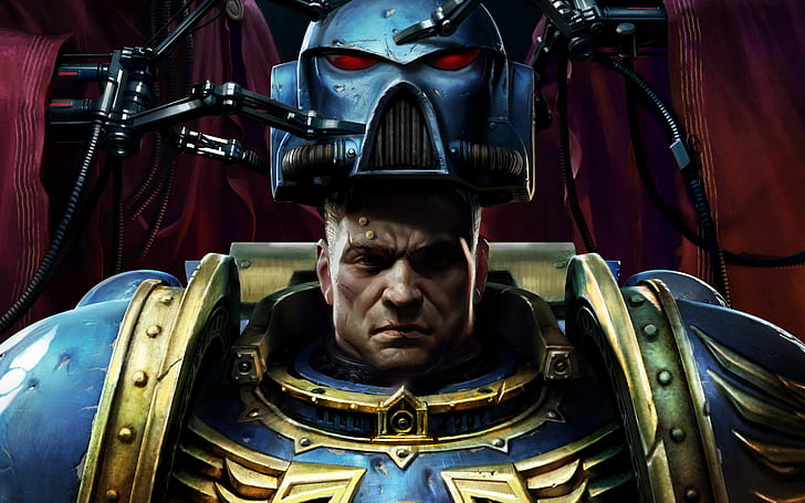 Space Marine Warhammer 40.000, personaggio maschile in tuta robot blu e gialla, spazio, warhammer, 40, 000, marine, Sfondo HD