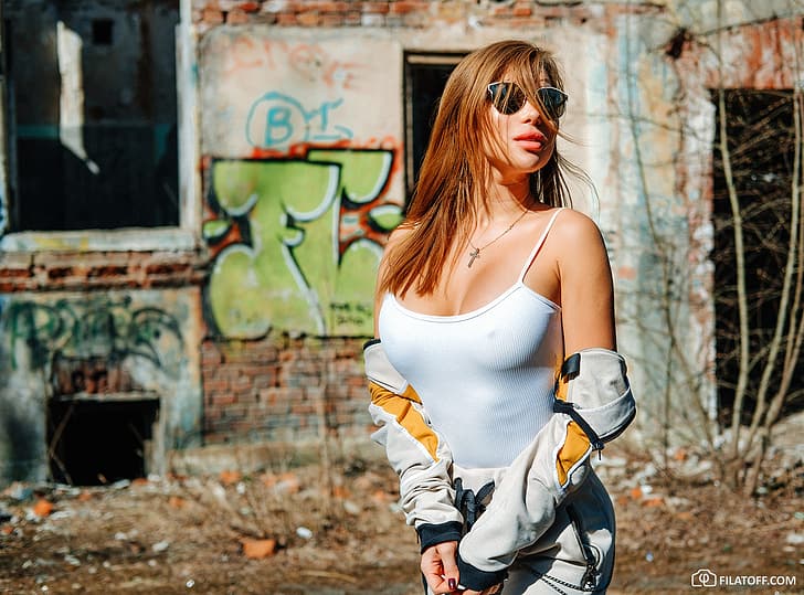 girl, pose, glasses, the ruins, red, redhead, Dmitry Filatov, HD wallpaper