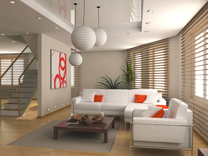 white sofa set, sofa, ladder, blinds, living room, HD wallpaper