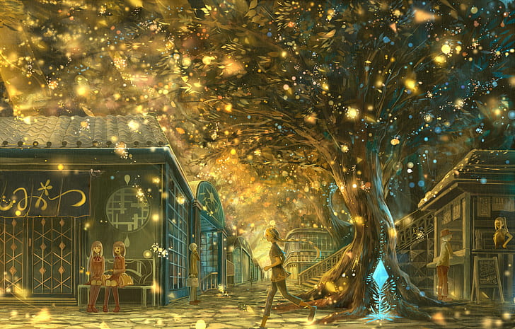 Anime, Original, City, Girl, Landscape, Light, Magic, Night, Original (Anime), Tree, HD wallpaper