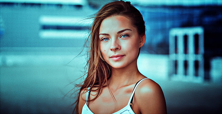 mujer, rubia, ojos azules, sonriente, cara, retrato, Kirill Bukrey, Fondo de pantalla HD