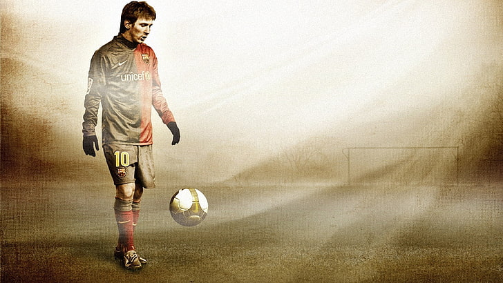 man standing near soccerball wallpaper, lionel messi, football, ball, field, gate, footballer, HD wallpaper