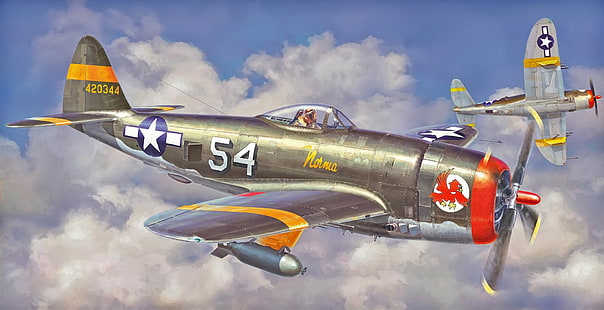 aircraft, war, art, airplane, painting, aviation, ww2, american fighter, P 47 Thunderbolt, HD wallpaper HD wallpaper