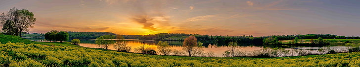 campos de hierba verde, puesta de sol, lago, panorama, hierba, verde, paisaje, árboles, sol, cielo, Pensilvania, naturaleza, parque estatal marsh creek, Fondo de pantalla HD