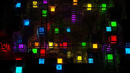 خلفية رقمية مكعب متعددة الالوان ، مجردة ، ملونة ، فن رقمي، خلفية HD HD wallpaper