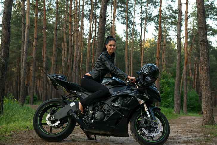moto, femmes, Kawasaki ninja, queue de cheval, Macy B, vestes en cuir, femmes en plein air, modèle, Fond d'écran HD