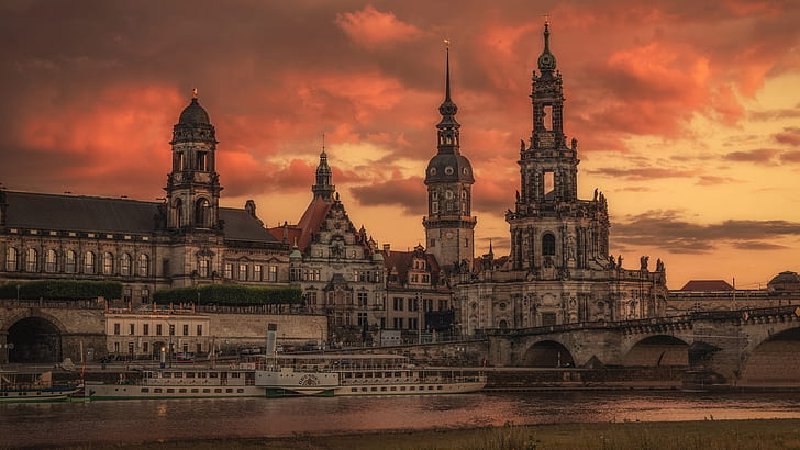 evening, river, river elbe, saxony, catholic church, germany, metropolis, cathedral, basilica, orange sky, medieval architecture, cityscape, dusk, dresden, spire, tourist attraction, dresden cathedral, landmark, HD wallpaper