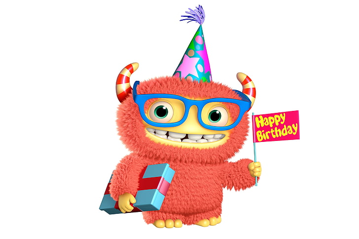Happy Birthday!, orange, glasses, gift, birthday, hat, card, cute, party, monster, funny, creature, HD wallpaper