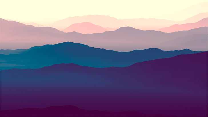 Montañas púrpuras Mínimo 4K, Azul, Púrpura, Montañas, Mínimo, Horizonte, Fondo de pantalla HD