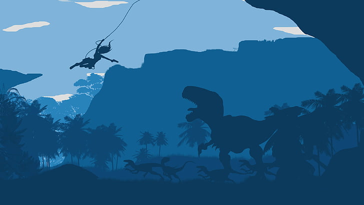 dinosaurs and trees silhouette illustration, tomb raider, forest, dinosaur, blue, flat, HD wallpaper