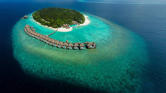 Остров Дусит Тани Малдиви Луксозен курорт Баа Атол Бийч Въздушен изглед 1920 × 1080, HD тапет HD wallpaper