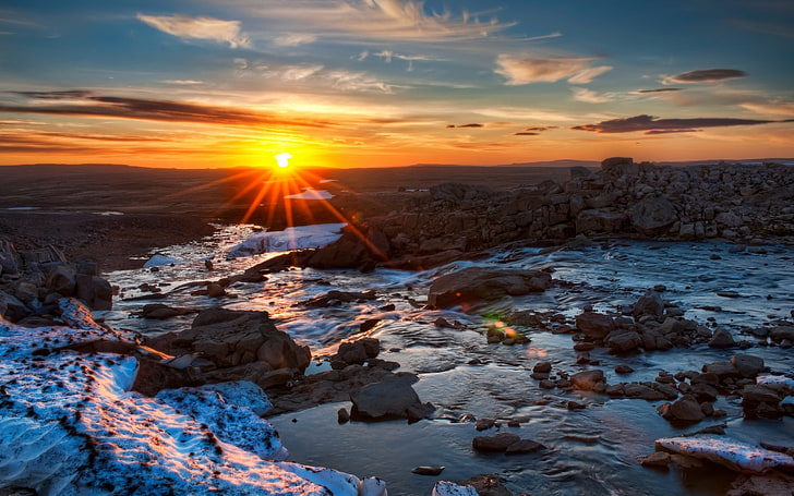 Felsenfragmentlos, Natur, Sonnenuntergang, Fluss, Felsen, Landschaft, HD-Hintergrundbild