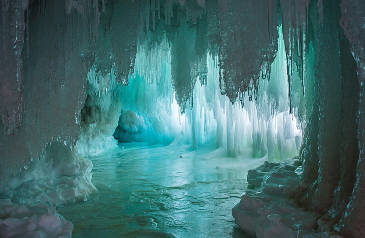 cave, Frost, Glaciers, ice, Icicle, nature, snow, sunlight, HD wallpaper